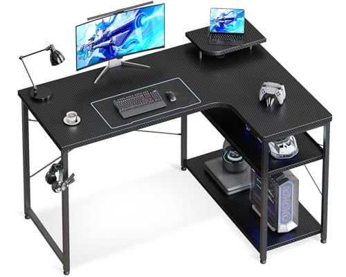 ODK ゲーミングデスク l字 パソコンデスク 幅90 デスク 机 desk 棚付き 在宅勤務 l字デスク ?子 勉強机 pcデスク ワーク 組立簡単 カーボンブラック 右棚