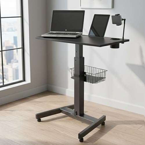 Image of Isomars Ergonomic Height Adjustable Laptop Table. Sit Stand Table with Lockable Wheels. Standing Desk for Home & Office with Adjustable Height (Black)