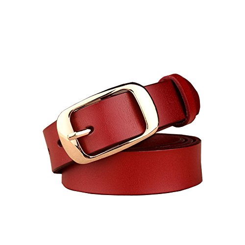 Womens Genuine Cowhide Leather Belt Pin Buckle for Jeans/Pants/Dresses (Red (Gold-Buckle))