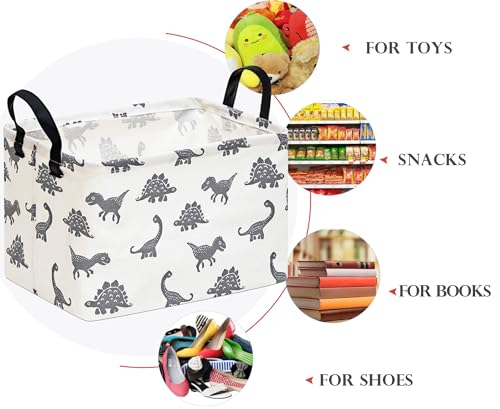 Image of Baby Storage Basket Nursery Box Laundry Hamper Organization Bins for Toys and Clothes with Handles (Grey Dinosaur)