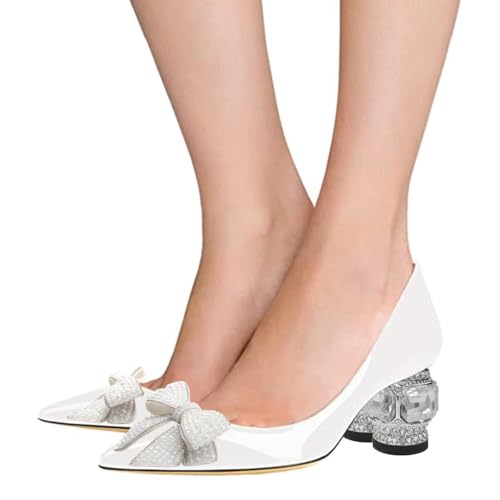 FSJ Women Pointed Toe Crystal Pump Rhinestone Bow Block Low Heel Slip On Comfy Date Party Shoes Size 4-16 US4