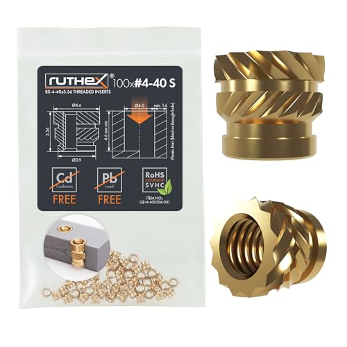 ruthex #4-40 Short Threaded Inserts - 100 Pieces RX-4-40x3.56 Brass Heat Set Insert for Plastic Parts - Inches knurled Nuts - Insert by Heat into 3D Printing Components