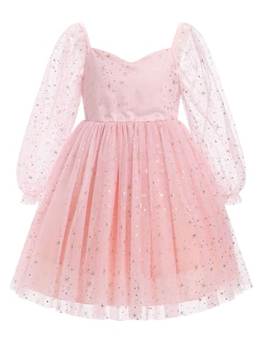 ABAFIP Girls Sparkly Tulle Long Sleeve Dress Sweetheart Mesh Sheer Birthday Wedding Party Glitter Tutu Dress