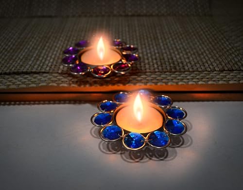 Image of CraftVatika Colorful Crystal Tealight Candle Holder Set of 4 | Home Decor, Diwali Decoration Items, Festive Decor, Pooja & Gifting | Multicolor Metal Tlight Holders for Home Pooja Decoration Items