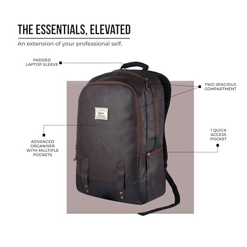 Image of Gear Classic 19 inch /23L Medium Faux Leather (without Anti Theft) Water Resistant Laptop Backpack /Casual Backpack /Daypack /Travel Backpack /College Bag For Men /Women (Brown-Black)