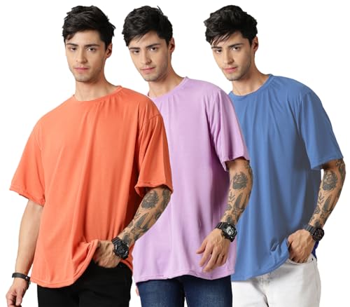 Image of RodZen Oversized Baggy Fit Half Sleeves Round Neck Solid Cotton Blend Combo T-Shirt for Men (Pack of 3)