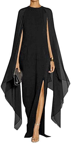 MAYFASEY Women's Flare Chiffon Sleeve High Split Formal Evening Gown Maxi Dress with Cape Black XL