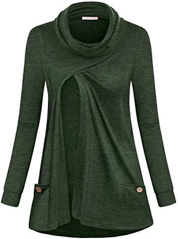 Joymom Maternity Breastfeeding Tops,Womens Solid Color Long Sleeve High Neck Nursing Tunics Shirts Buttons Pockets Lactation Clothes Daily Wear Dark Green Medium
