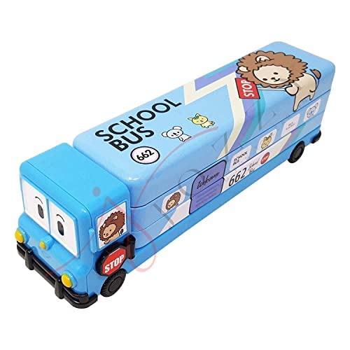 JOZZY Cartoon Printed School Bus Shaped Metal Pencil Box with Moving Tyres and Sharpner for Kids