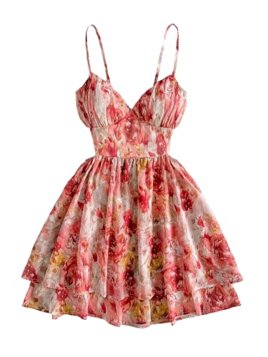 Verdusa Women's Floral Tie Backless Corset Dress Tiered Layered Sleeveless Flowy Dresses Festival Outfits Pink Multi Medium