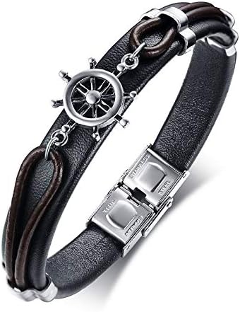 Rockyu ブランド ファッションアクセサリー メンズブレスレット ブラック バングル 超安い アンティーク風 21 5cm 舵 黒 腕輪