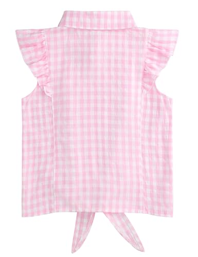 Image of Girls Sleeveless Plaid Button Down Shirt Summer Crop Tops Tie Knot Ruffle Sleeve Shirt Blouse 3-12Y