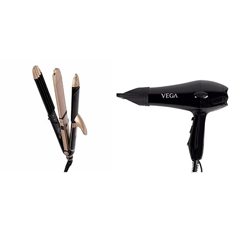 VEGA 3 in 1 Hair Styler, 2000 Watts Straightener, Curler & Crimper (VHSCC-01), Black & Vega Pro Touch VHDP-02 Hair Dryer (Black)