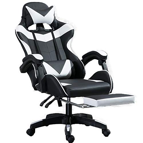 Preisvergleich Produktbild Gaming-Stuhl, Bürostuhl, ergonomische Rückenlehne und Sitzhöhenverstellung, mit Kopfstütze und Lendenwirbelstütze, Chefsessel, weiß, Nylonfüße
