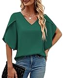 Funlingo Women's 3/4 Sleeve V Neck Tops Summer Chiffon Loose Blouses Casual Dressy Flowy Shirts Dark