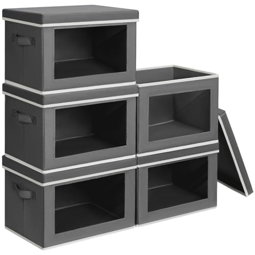 Image of Homsorout Stackable Storage Bins with Lids - Large Decorative Basket with Lids, Fabric Foldable Closet Organizer Bins, Shelf Organizer for Living Room, Dorm, 5 Pack, Dark Grey
