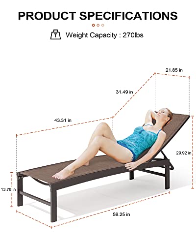 Crestlive Products Aluminum Adjustable Chaise Lounge Chair Outdoor Five-Position Recliner, Curved Design, All Weather For Patio, Beach, Yard, Pool (2Pcs Brown) #TOP2