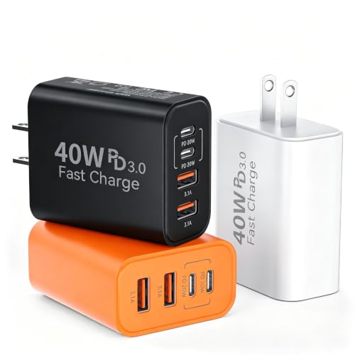 Image of USB C Wall Fast Charger Block, 40W 4-Port Type C Chargers Fast Charging Blocks PD Power Charger Adapter+QC 3.0 USB Multiport Charger Brick for Phone 17 /16 /15 /14 /13 /12 Pro Max, i-Pad, Galaxy S25-3Pack