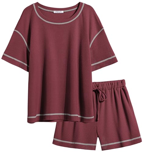 Image of Ekouaer Women's Waffle Knit Two Piece Lounge Set, Soft Matching Outfits for Daily Wear, Casual Shorts Set with Pocket