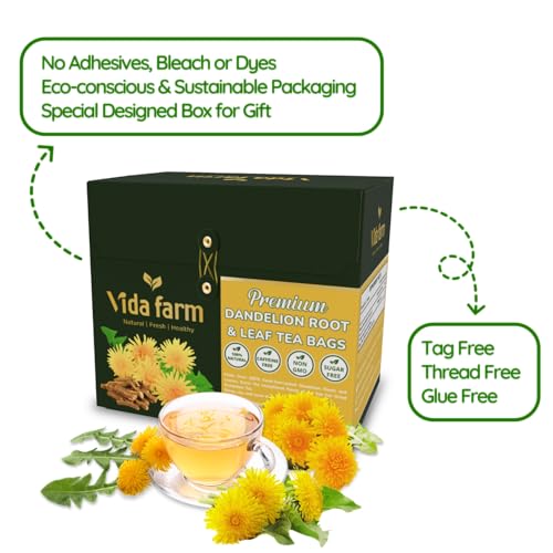 Image of VIDA FARM 125 Dandelion Tea Bags - 100% Natural Dandelion Leaf & Root, Sugar Free, Caffeine Free, Non-GMO - Premium Dandelion Root Herbal Tea, Smooth Taste | 100% Natural Dandelion Leaf & Root, Sugar Free, Caffeine Free, Non-GMO - Premium Dandelion Root Herbal Tea, Smooth Taste