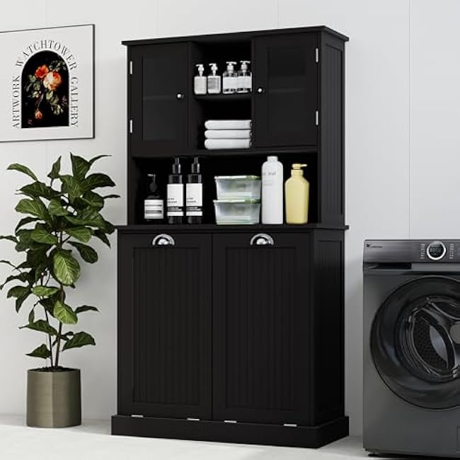 Tilt-Out Laundry Hamper Cabinet with Glass Doors ¨C 60¡± Tall Bathroom Storage Organizer, 2 Pull-Out Baskets, Adjustable Shelves, Fits Bathroom & Balcony (Black)