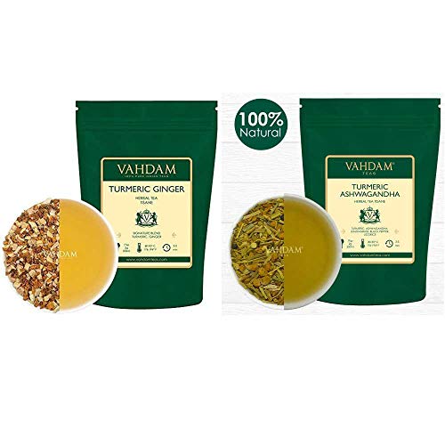 Vahdam, Turmeric Ginger Herbal Tisane (7Oz, 100+ Cups) & Turmeric Ashwagandha Herbal Tisane (7Oz, 100+ Cups)- Wellness Detox Tea- Herbal Tea Bags | Anti-Inflammatory, Eases Pain, Betters Immunity #TOP25