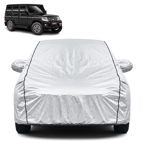 Image of Waterproof Car Cover for Mahindra Bolero | Dustproof, UV Resistant & Scratch Protection | Soft Cotton Lining | Triple Stitched | Mirror Pockets & Elastic Fit | Silver