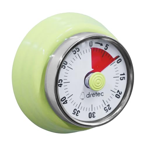 dretec Dial Timer, Analog Timer, Retro, Cute, Study, Cooking, Loud Volume, Automatic Stop, Up to 60 Minutes, Green, Lime Green, Yellow-Green
