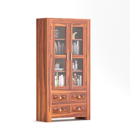 Image of Solid Sheesham Wood Book Cabinet | Tall Wooden Storage Unit with Glass Doors & 4 Drawers | Multipurpose Display Shelf for Living Room & Office | Natural Finish