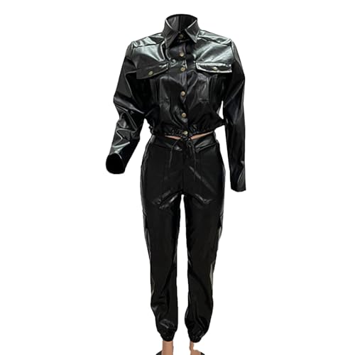 Akklian Premium PU Leather Long Sleeve Outfits Motorcycle Jacket Crop Tops with Cargo Pants 6 Pockets PU Leather Matching Set2