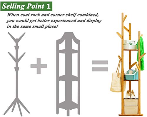 Image of LEOPAX Bamboo Freestanding Coat Rack With 3 Shelves And 7 Hooks, Coat Tree For Bedroom, Entryway, Livingroom, Coat Hanger Stand For Coats, Scarves, Handbags - Natural Color, 22.9 x 172.7 x 22.9 Cm