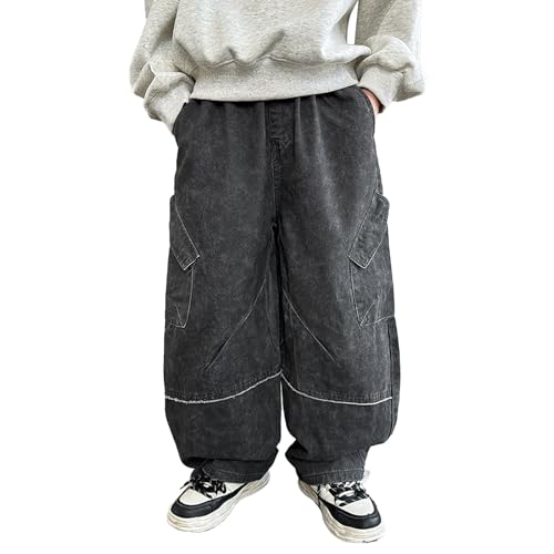 Tween Boys Baggy Jeans Kids Casual Loose Wide Leg Denim Pants with Pockets, Loose Elastic Waistband Jeans for Boys