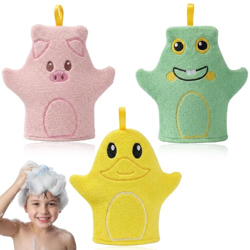Lot de 3 Gants de Toilette Bébé en Coton - Gants de Bain Enfant Animaux Rigolos (Cochon, Canard, Grenouille) - Accessoire de Douche Doux et Absorbant pour...