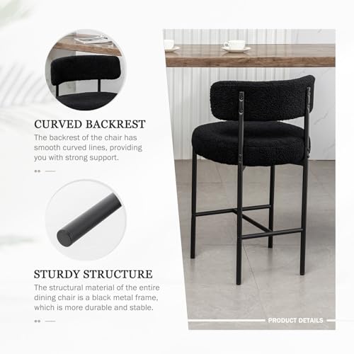 Image of Cinxzar Boucle Bar Stools Set of 3, Black Counter Height Bar Stools with Backs, Modern Barstools for Kitchen Island, Pub, Club