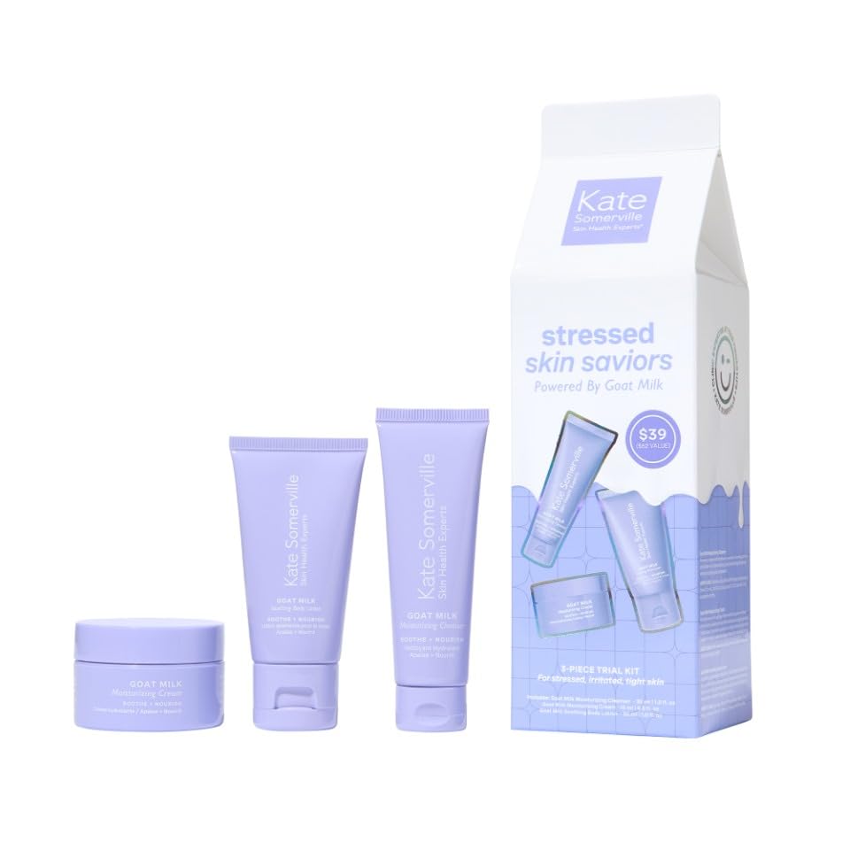 Kate Somerville Stressed Skin Saviors Travel Kit Goat Milk Cleanser, Cream, and Body Lotion Holiday Gift Set
