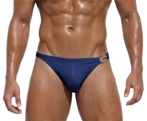 Mens Thong Swimwear Sexy Swim Brief for Men Dry Fit Nylon Bathing Suit Metal Ring Jockstrap Easy On Swimsuit Gay Bikini Underwear