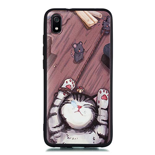 Jorisa Soft Silicone Gel Case for Xiaomi Redmi 7A,Flexible TPU Ultra-Thin Matte Case,Cute Cartoon Lazy Cat Mouse Pattern Design with Shockproof Rubber Protective Back Cover,Brown