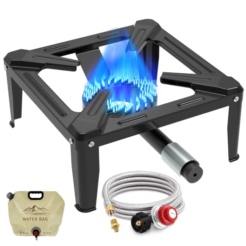 Image of Llamaviva Portable Single Propane Camping Gas Stove w /4ft Hose | Heavy Duty Cast Iron, with Adjustable Regulator Hose, for Wok Cooking, Seafood Boil, Tailgating & Camping