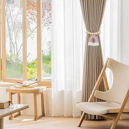2 alzapaños magnéticos para cortinas con cuentas de madera y borla arcoíris para el dormitorio 4