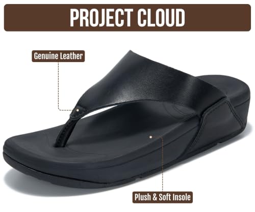 Image of Project Cloud Genuine Leather Women's Sandals - Thong Flip Flops with Plush Soft Insole, Arch Support & Non Slip Outsole - Comfortable Beach & Summer Slides