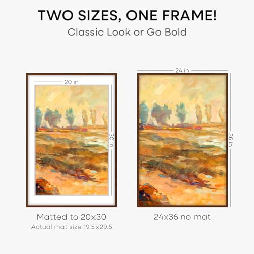 Image of Homeforia 24x36 Walnut Wood Frame, High End Dark Oak 24x36 Large Wooden Poster Frame with Mat 20x30, 24 x 36 Brown Picture Frame Matted to 20 x 30, 36x24 Thin Frame, Tempered Glass, Wall Kit, Set of 1