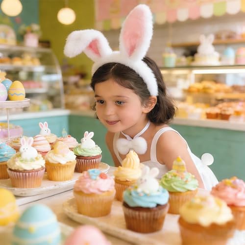 Hasenohren Haarreif Set, Plüsch Hasen Ohren Haarreif, Osterhasen Ohren Haarreifen, Hasenohren Stirnband, Bunny Ears Headband, mit Fliege Hasenschwanz, für Ostern Cosplay Cute Osterhasen Kostüm (Rosa)