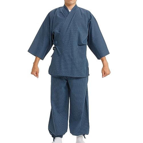 [江戸てん] 作務衣 刺子 （綿100％） 刺子作務衣 さむえ 無地 通年 メンズ 紺 5L