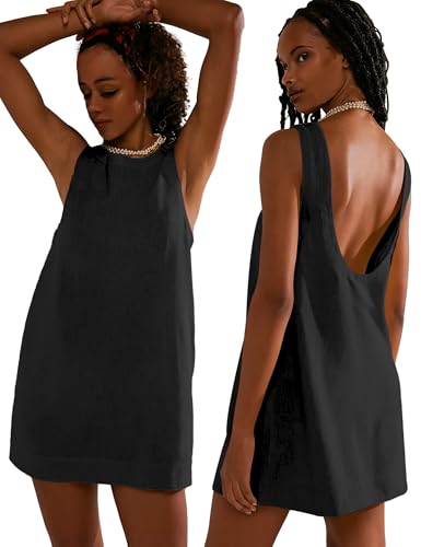 VIUTIL Womens Summer Linen Mini Dress Boat Neck Low Back Sleeveless Tank Dresses with Pockets 2025 Vacation Outfits
