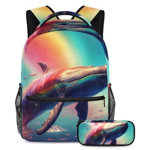 Sac à dos baleine arc-en-ciel 2 pièces grand format pour la rentrée scolaire