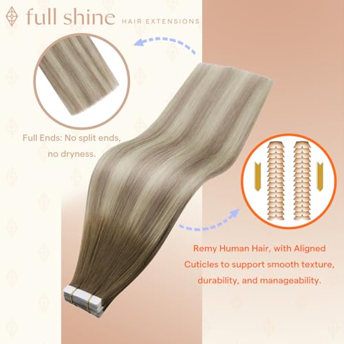 Image of Full Shine Tape in Hair Extensions, Ash Brown Blonde Ombre 14 Inch | 50g 20PCS, Seamless Skin Weft Tape Ins Human Hair Extensions, Double Sided Remy Finish Smooth Texture Daily Wear