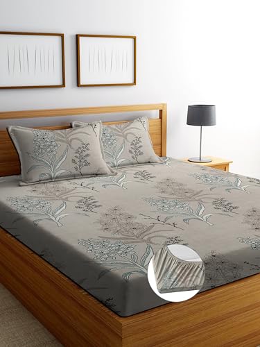 Image of DECORUM Glace Cotton Fitted 1 Bedsheet King Size (72 inchx78 inch) | All Around Elastic | Cotton Feel | 2 Pillow Covers (17 inchx27 inch) | Fits Up to 8 inch Mattress | 200-220 TC | Printed Double Bed Sheet Set