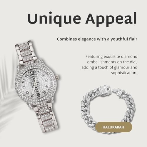 Image of Halukakah Diamonds Watch Iced Out for Boy Teens Kids - 18K Real Gold /Platinum Plated,Arabic Numerals Round Dial,Japanese Quartz - 7.7 inch Length - Optional with Cuban Link Chain - for Birthday,Parties