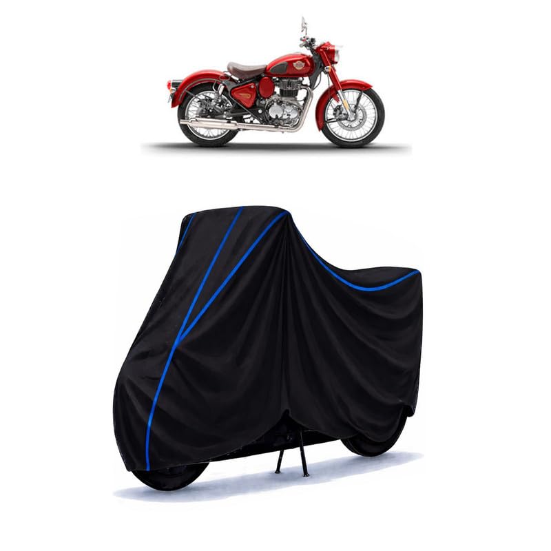 Image of Classic 350 Heritage Bike Cover Water Resistant Universal Motorcycle Rain | Heavy Duty UV Protection, Dust, Scratch Indoor Outdoor All Weather with Black Blue Piping Elastic