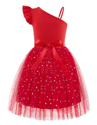 Arshiner Valentine's Dresses for Kids Summer Tulle Formal Party Fancy Special Occasion Pageant Ball Gown One Shoulder Sequin Midi Sundress Clothes Red